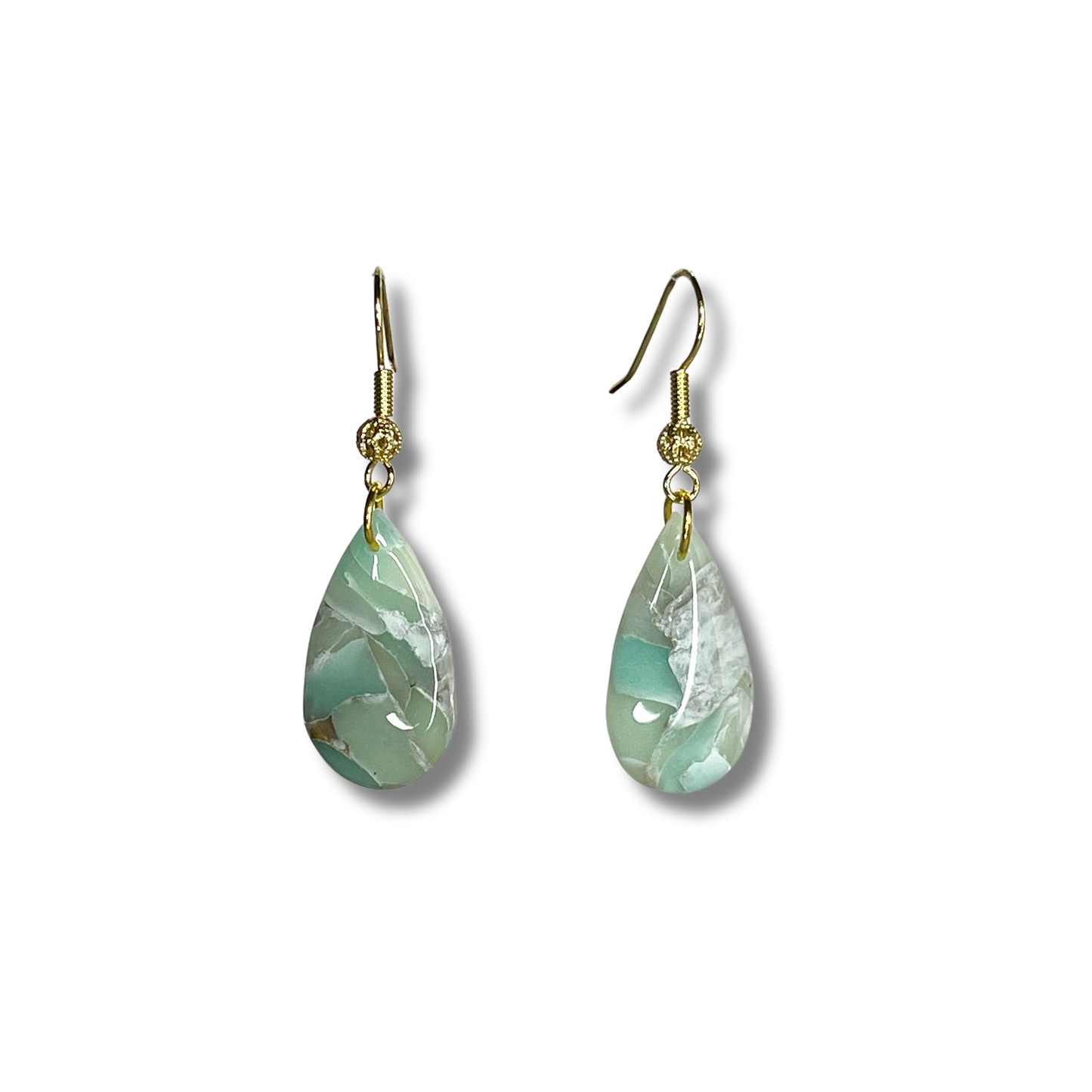 Teardrop Sea Glass Green Marble Earrings - Gold