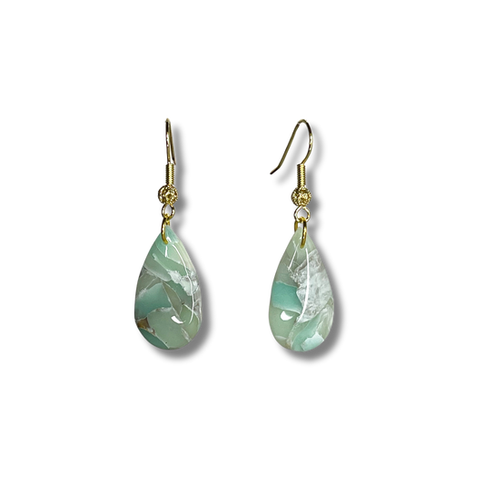 Teardrop Sea Glass Green Marble Earrings - Gold