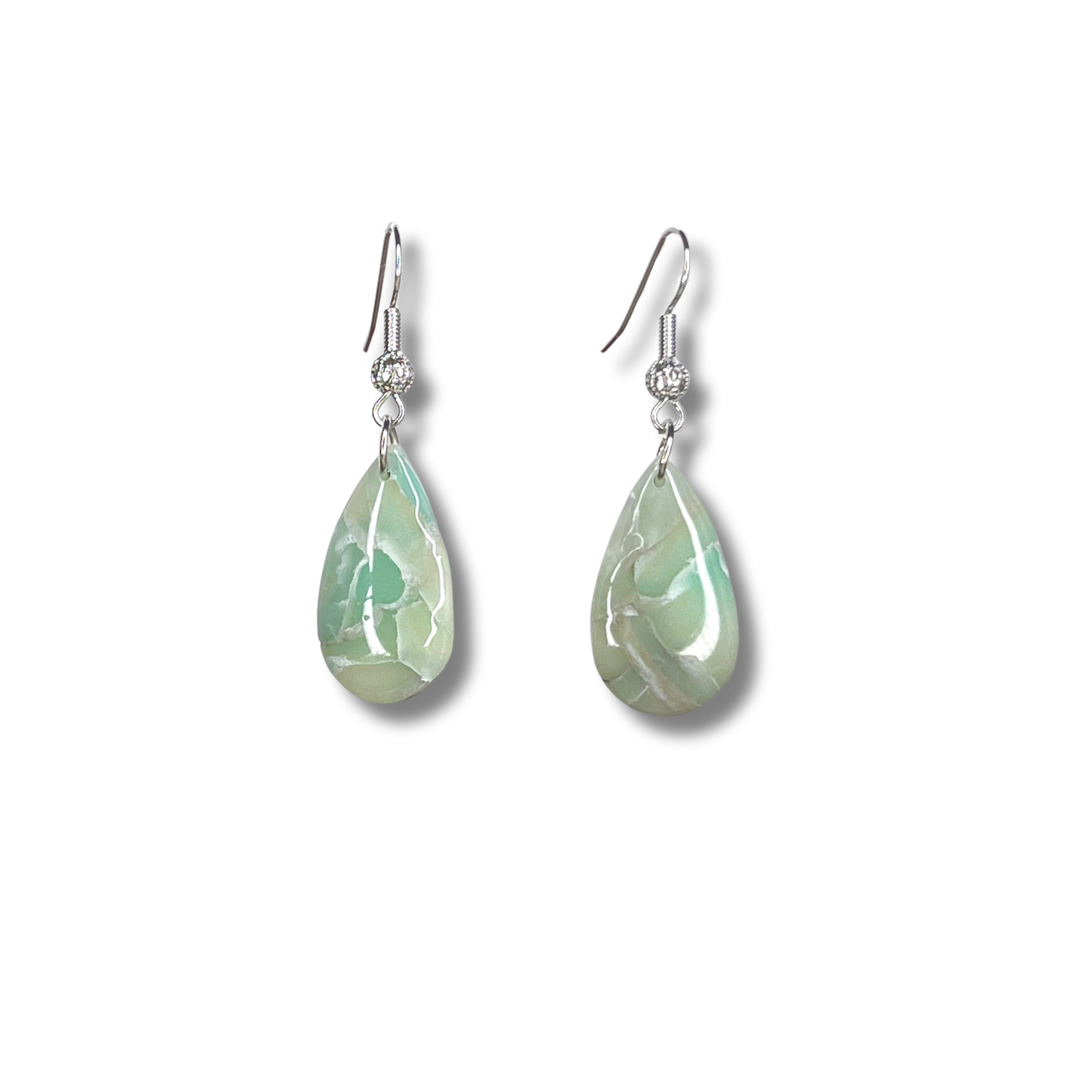 Teardrop Sea Glass Green Marble Earrings - Silver