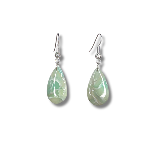 Teardrop Sea Glass Green Marble Earrings - Silver