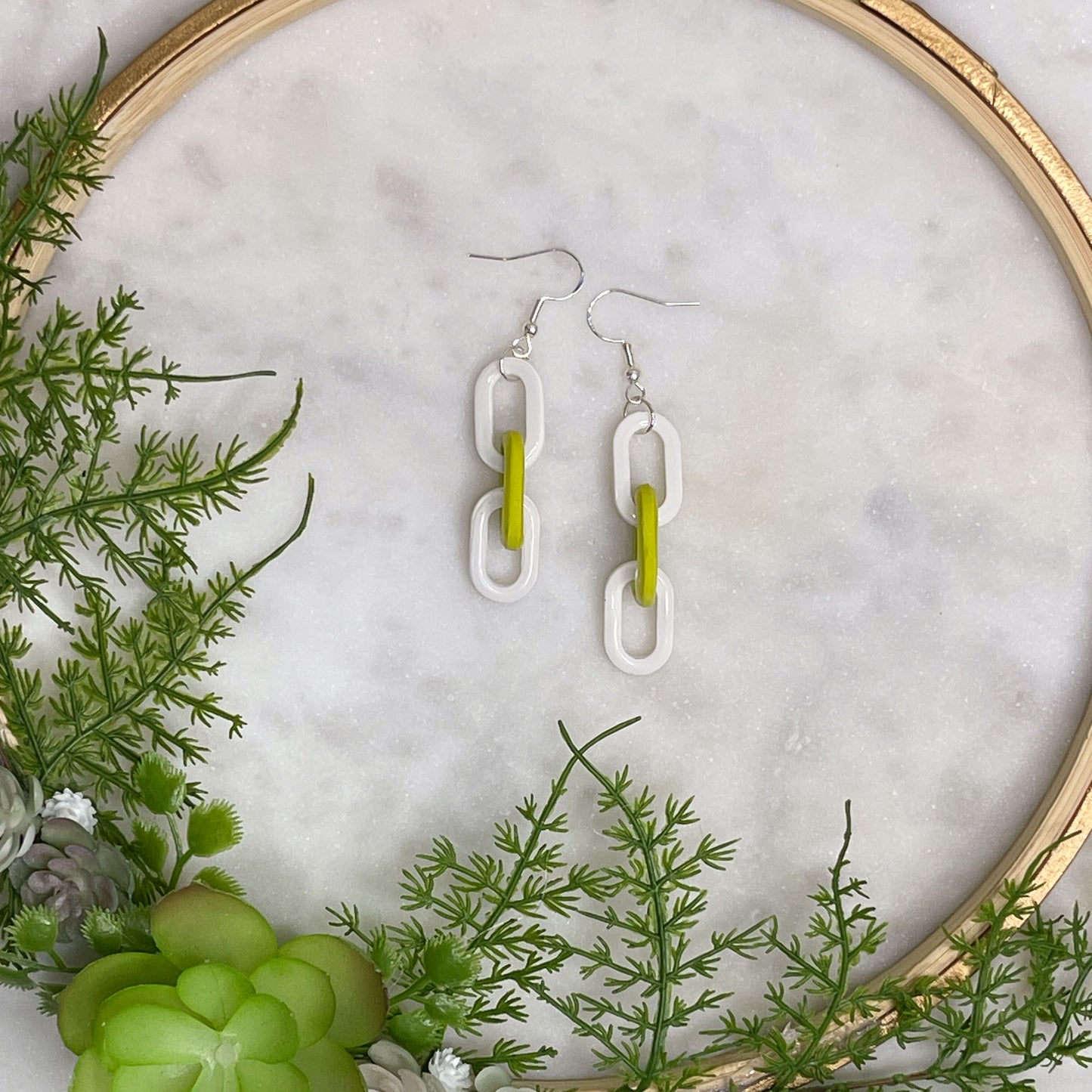 Zesty Lime & White Twist Chain Link Drop Earrings