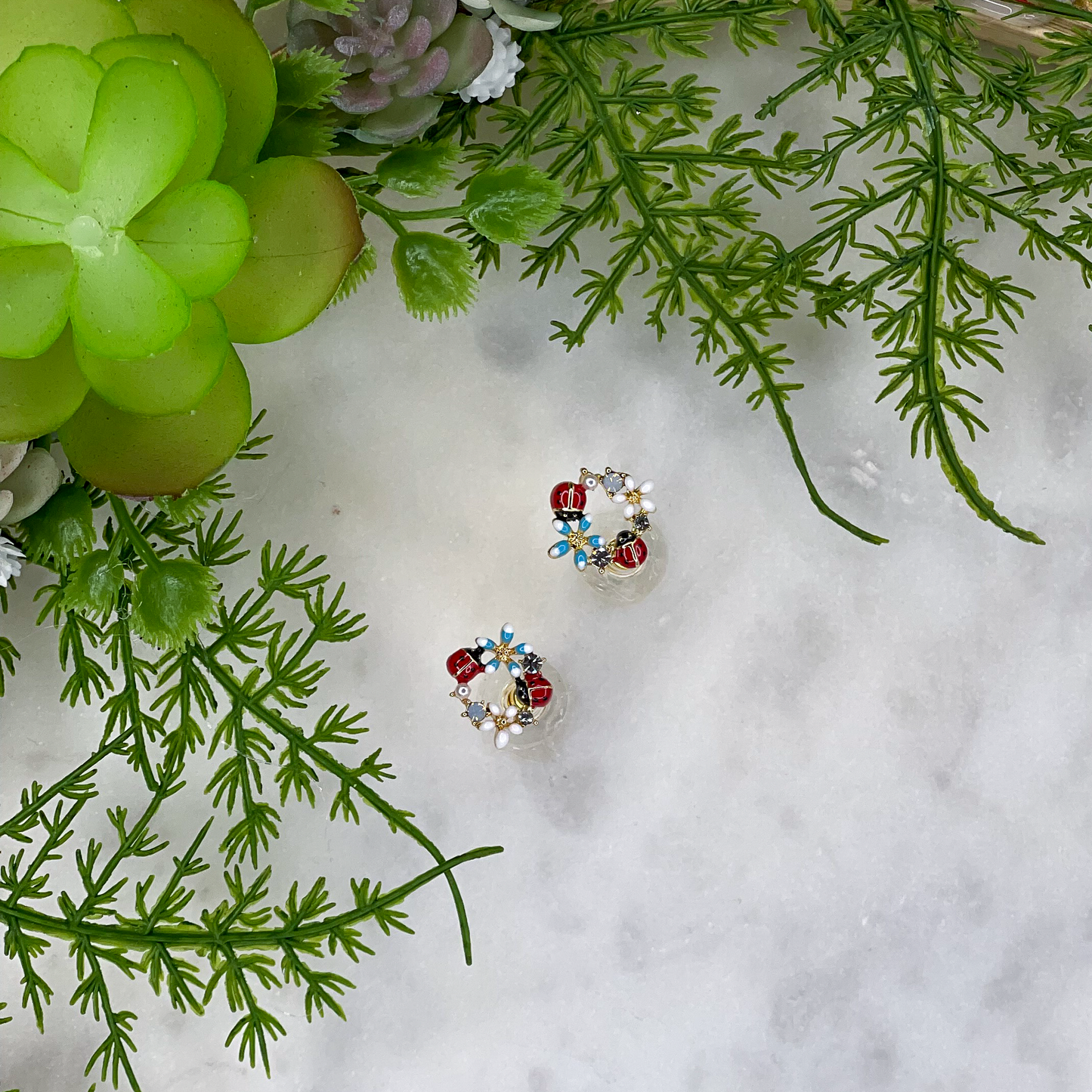 Dainty Floral Ladybug Stud Earrings