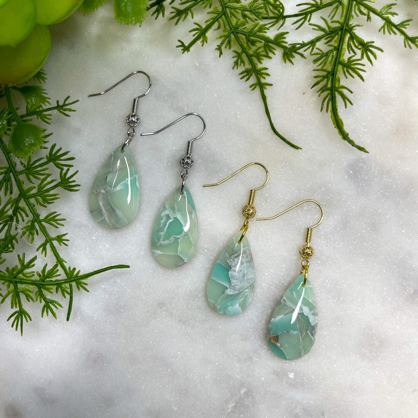 Teardrop Sea Glass Green Marble Earrings - Gold