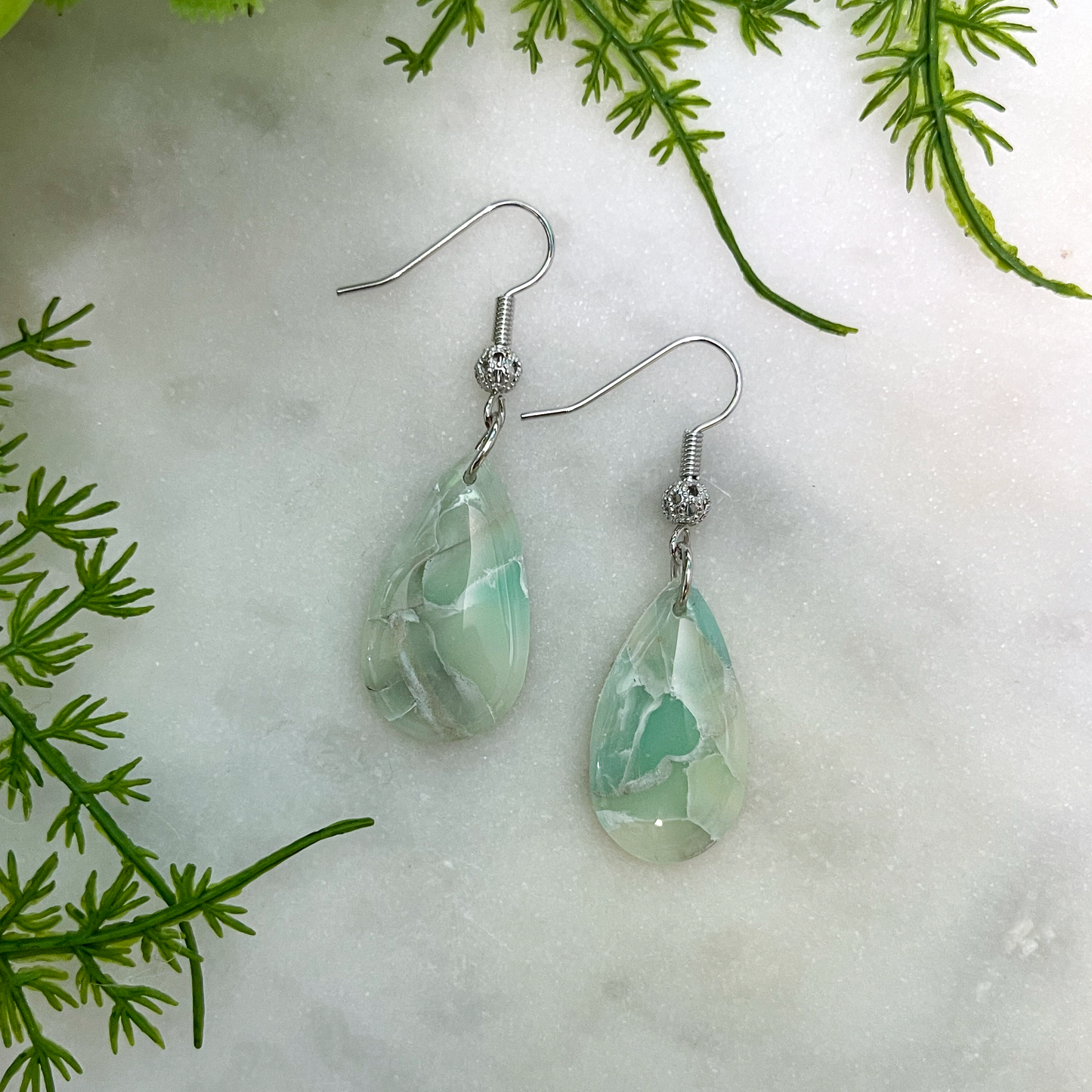 Teardrop Sea Glass Green Marble Earrings - Silver